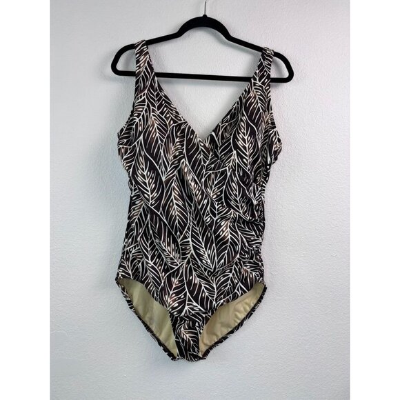 Lands' End women's 18 brown leaf patterned faux wrap one piece swimsuit‎ - Picture 1 of 8